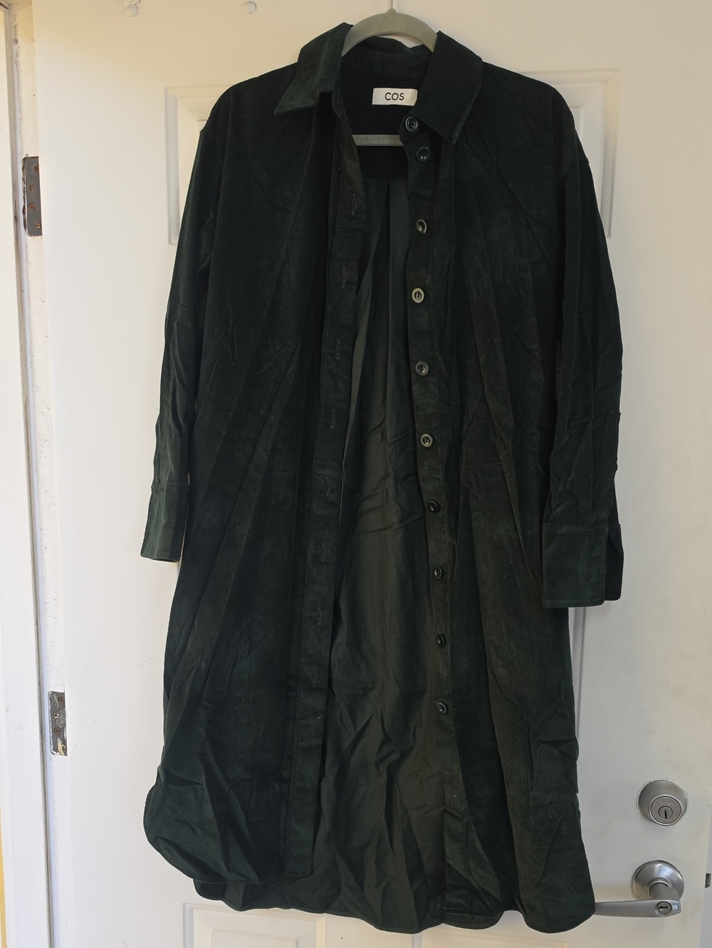 COS Corduroy Midi Shirt Dress in dark green.